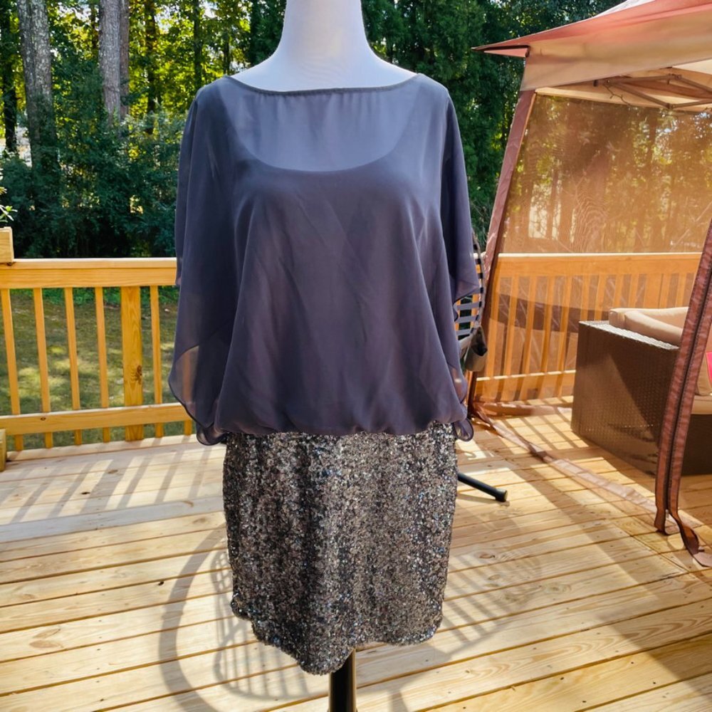 XSCAPE Dress- Gray Sequin Cocktail Mini Dress Size 14 NWT